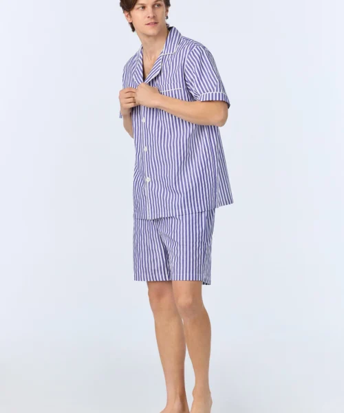 Navy 3D Stripe Men's Short Sleeve Notch Woven Cotton Sateen Boxer PJ Set -Bedheadpjs Pajama Shop 02 BHM240101 1240B NAVY 3D STRIPE 271 2
