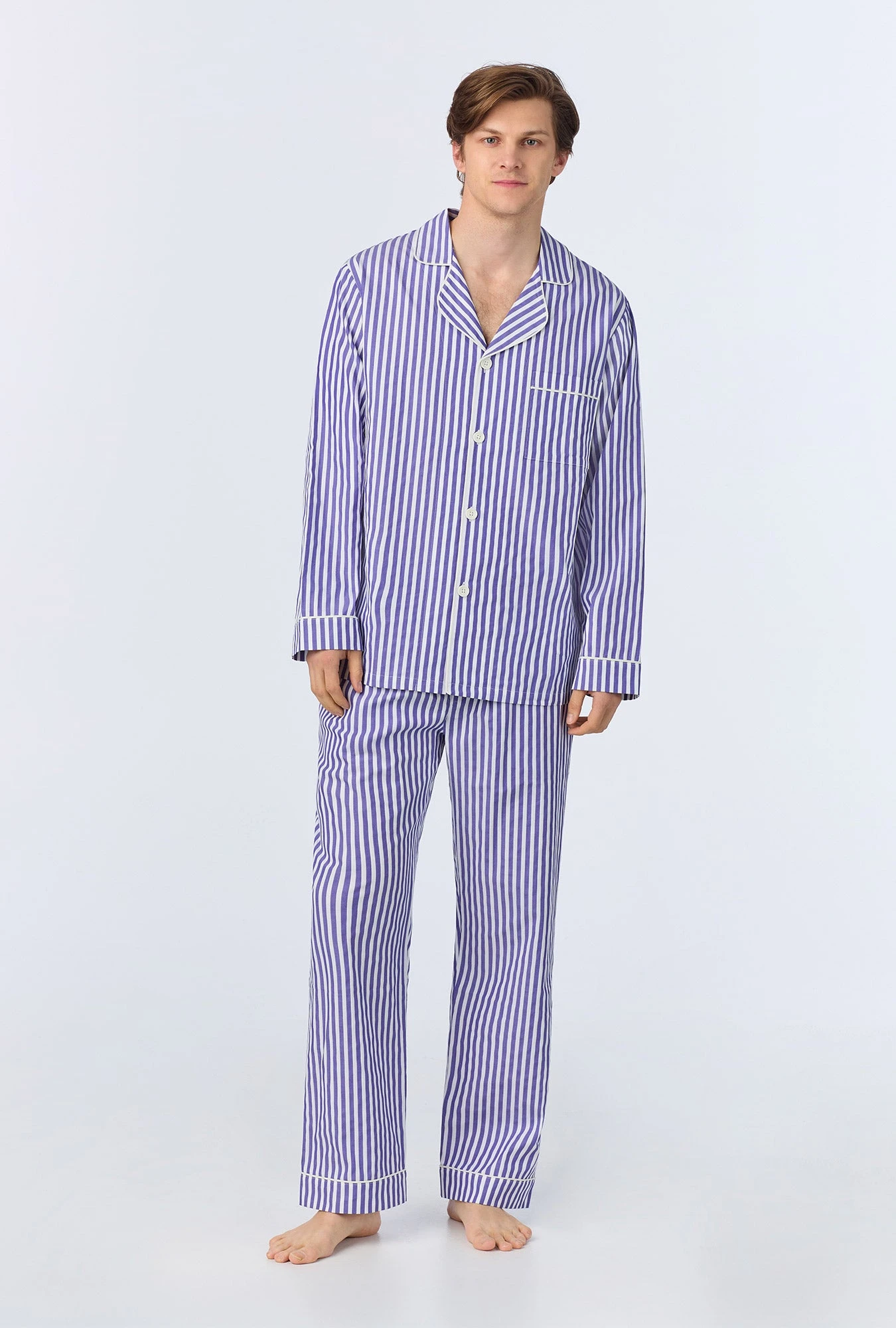 Navy 3D Stripe Men's Long Sleeve Notch Woven Cotton Sateen Long PJ Set 2 Navy 3D Stripe Men's Long Sleeve Notch Woven Cotton Sateen Long PJ Set - Image 2