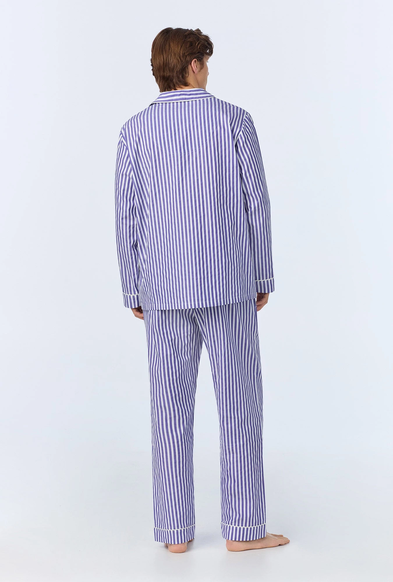 Navy 3D Stripe Men's Long Sleeve Notch Woven Cotton Sateen Long PJ Set 4 Navy 3D Stripe Men's Long Sleeve Notch Woven Cotton Sateen Long PJ Set - Image 4