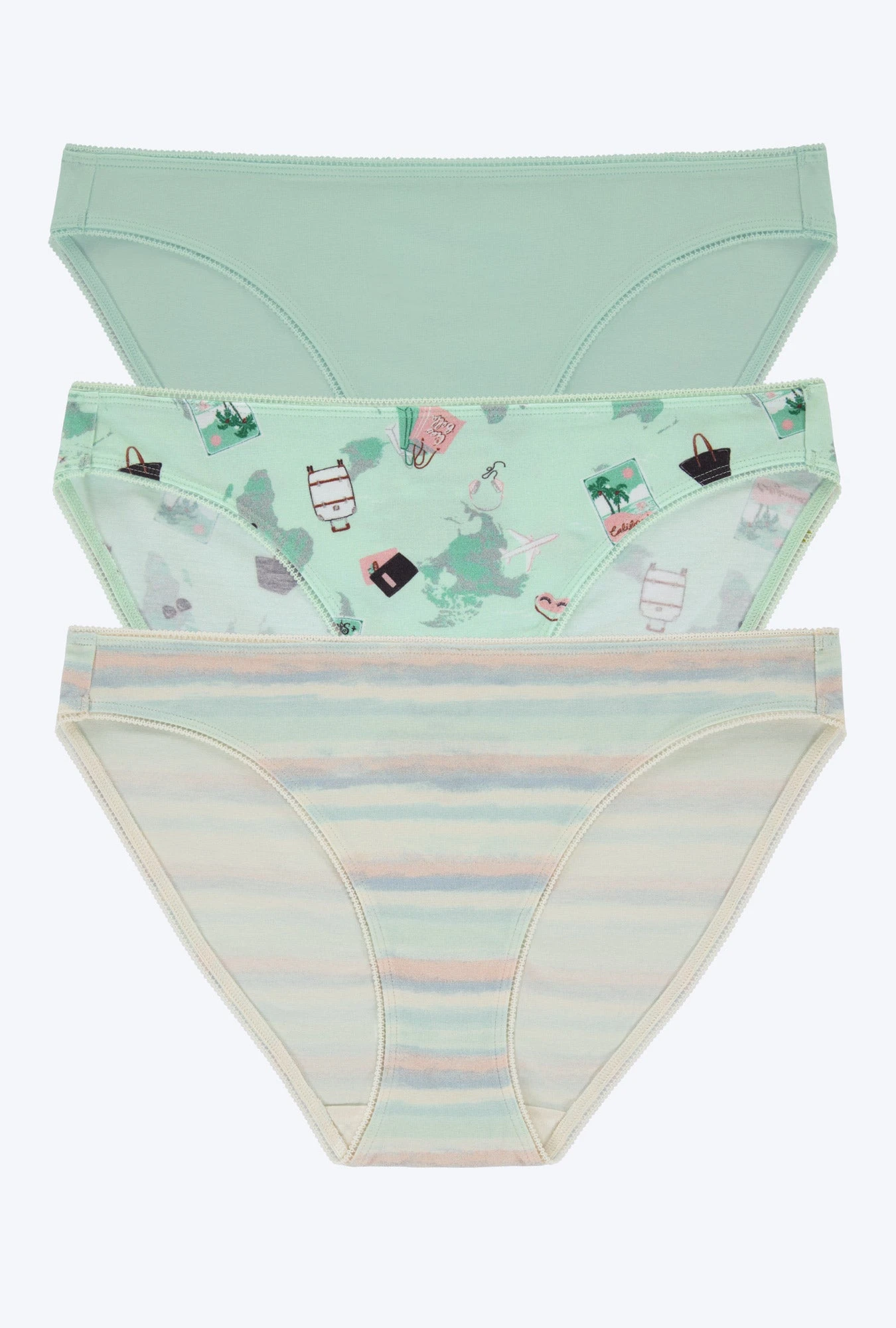 Stretch Jersey Bikini Underwear 3 Pack-Soothing Sea Pack Your Bags Rainbow Stripe 1 Stretch Jersey Bikini Underwear 3 Pack-Soothing Sea Pack Your Bags Rainbow Stripe