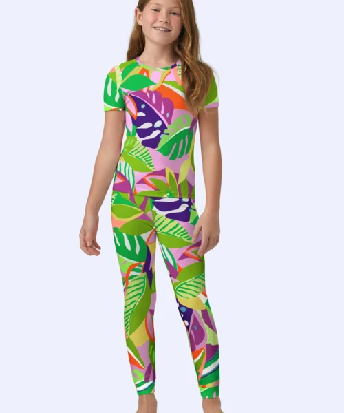 BedHead X Trina Turk Jungle Leaves Short Sleeve Stretch Jersey Kids PJ Set