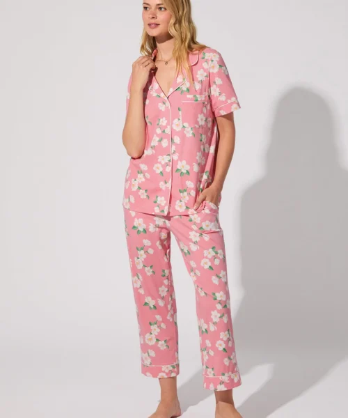 Pink Magnolias Short Sleeve Classic Stretch Jersey Cropped PJ Set 9 Pink Magnolias Short Sleeve Classic Stretch Jersey Cropped PJ Set -Bedheadpjs Pajama Shop 07 BH270115 1295B PINK MAGNOLIAS 226 2