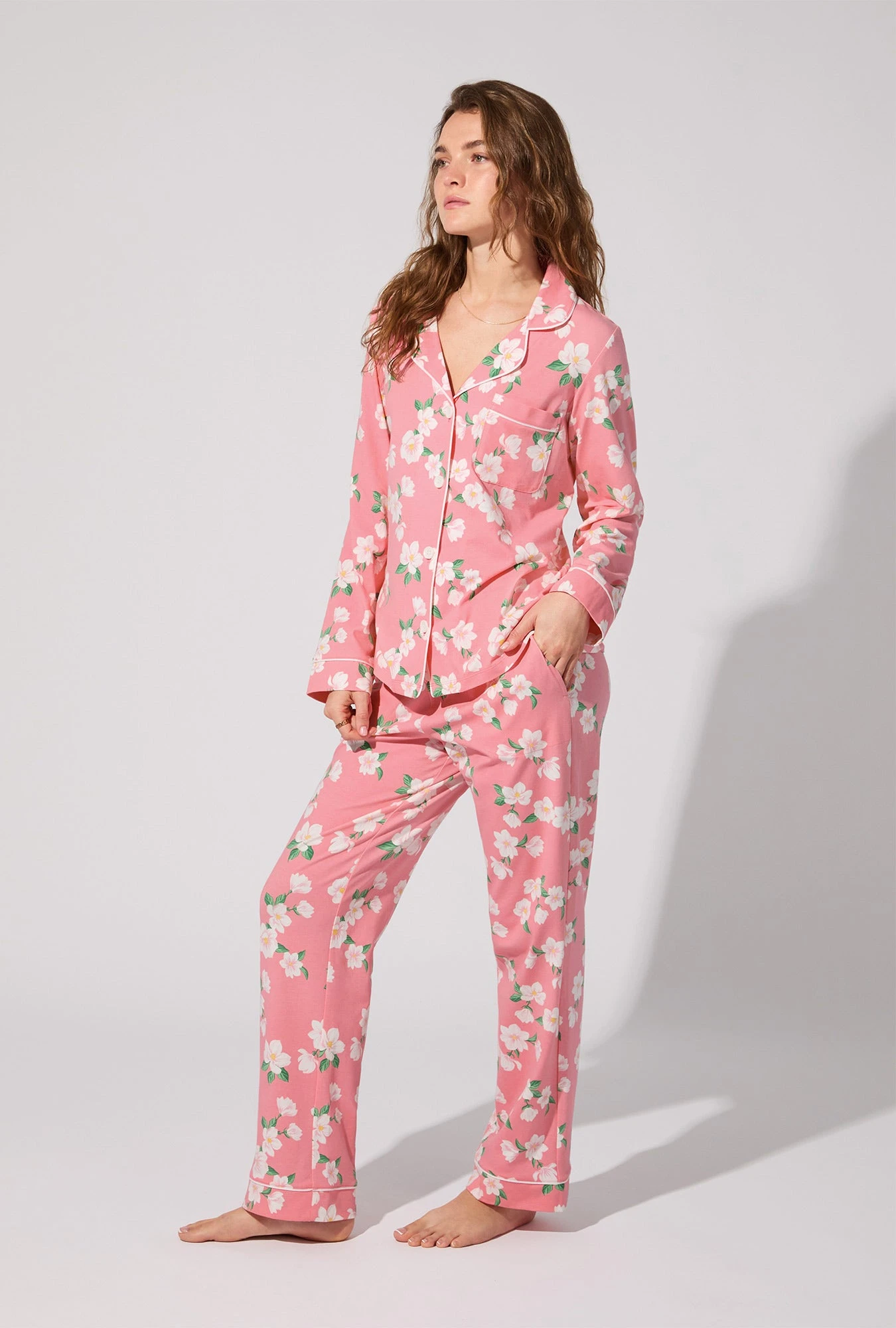 Pink Magnolias Long Sleeve Classic Stretch Jersey PJ Set 2 Pink Magnolias Long Sleeve Classic Stretch Jersey PJ Set - Image 2