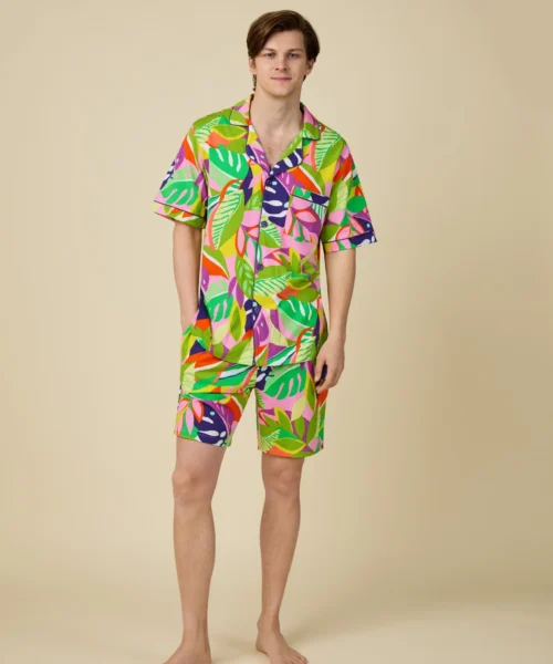 BedHead X Mr. Turk Jungle Leaves Men's Short Sleeve Notch Stretch Jersey Boxer PJ Set