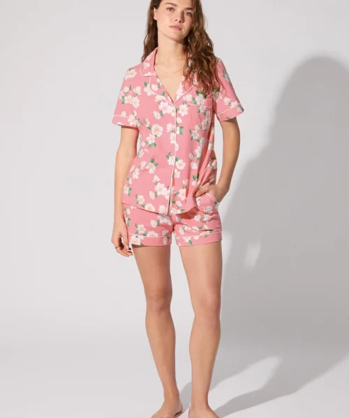 Pink Magnolias Short Sleeve Classic Shorty Stretch Jersey PJ Set
