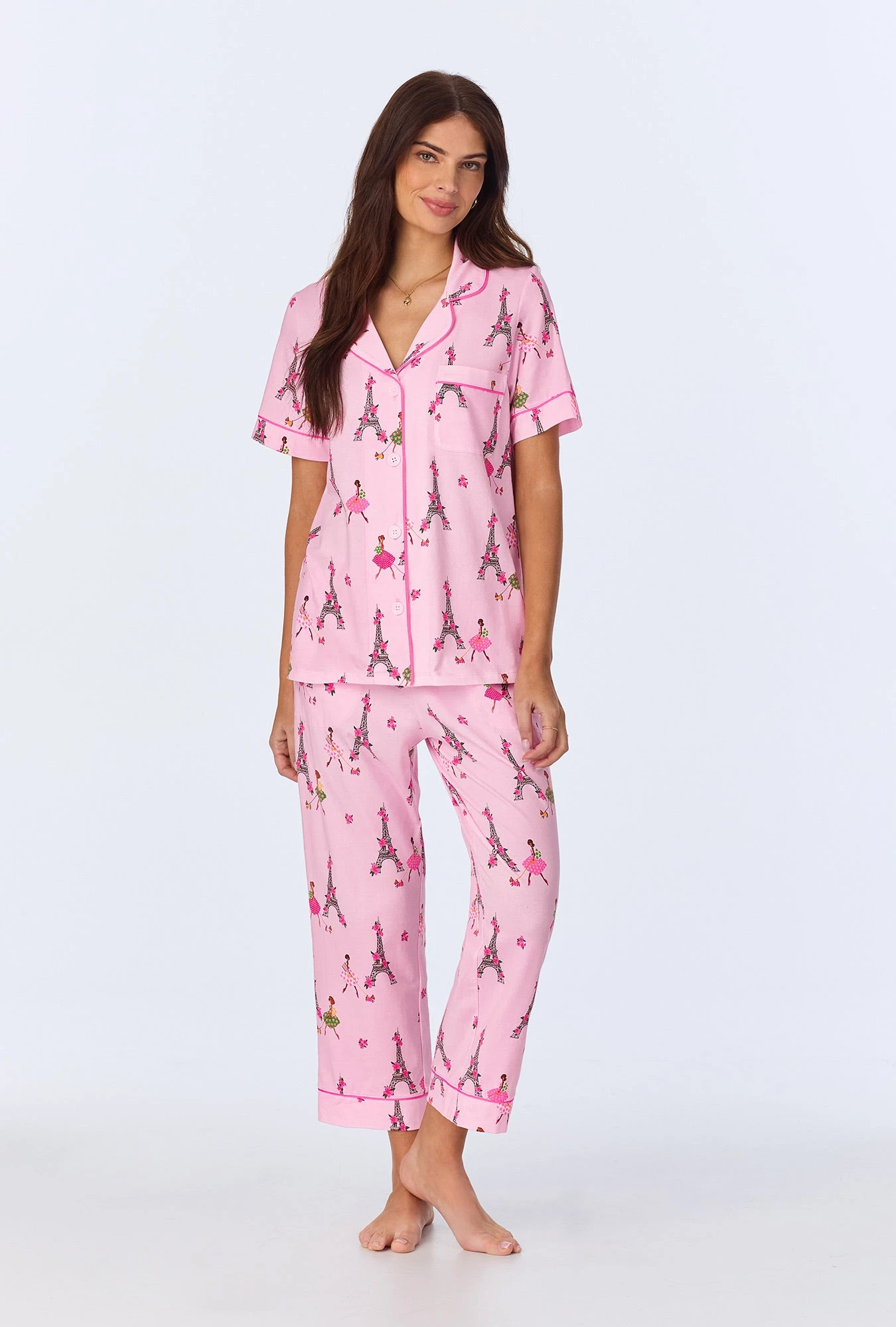 Tres Chic Short Sleeve Classic Stretch Jersey Cropped PJ Set 1 Tres Chic Short Sleeve Classic Stretch Jersey Cropped PJ Set