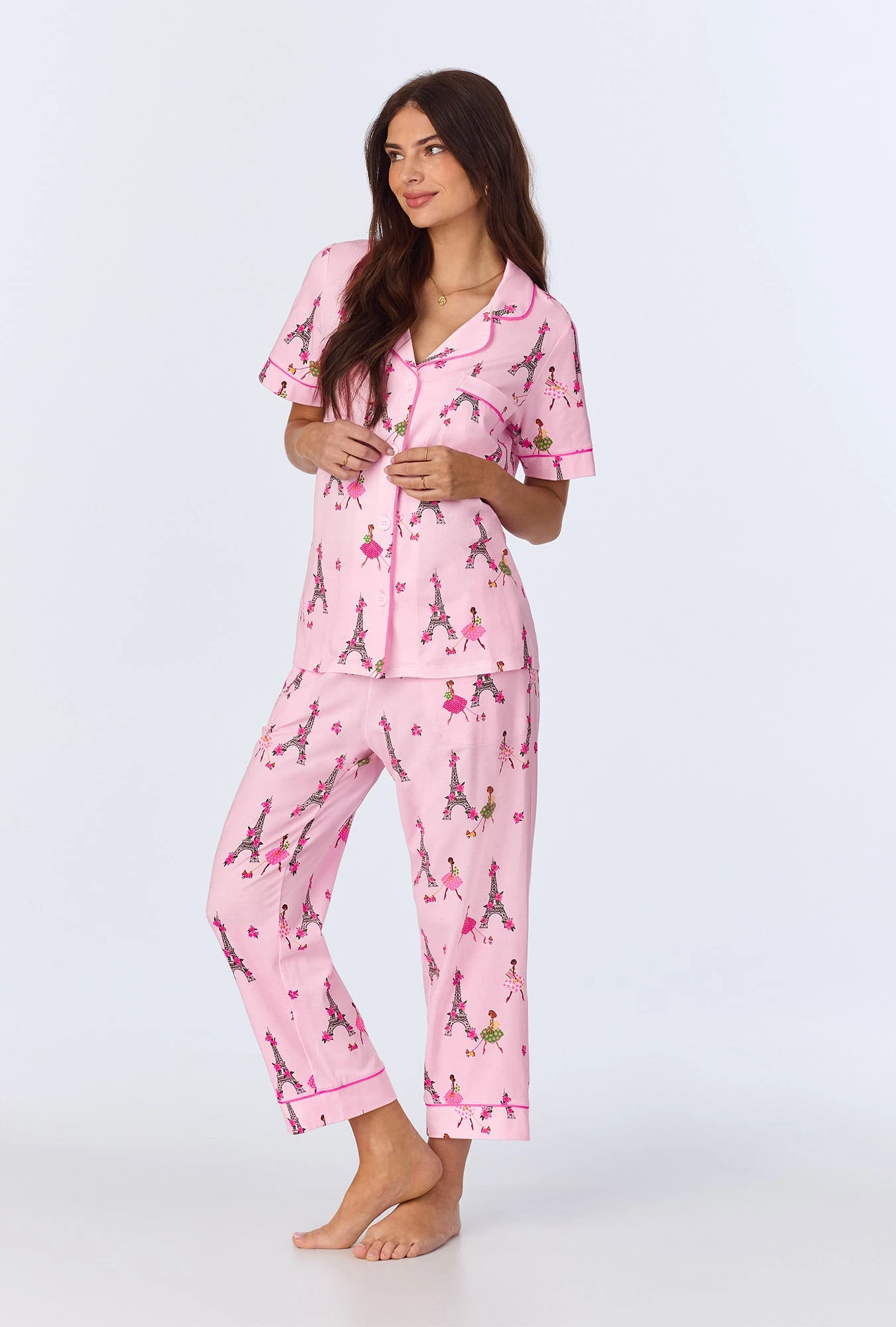 Tres Chic Short Sleeve Classic Stretch Jersey Cropped PJ Set 2 Tres Chic Short Sleeve Classic Stretch Jersey Cropped PJ Set - Image 2