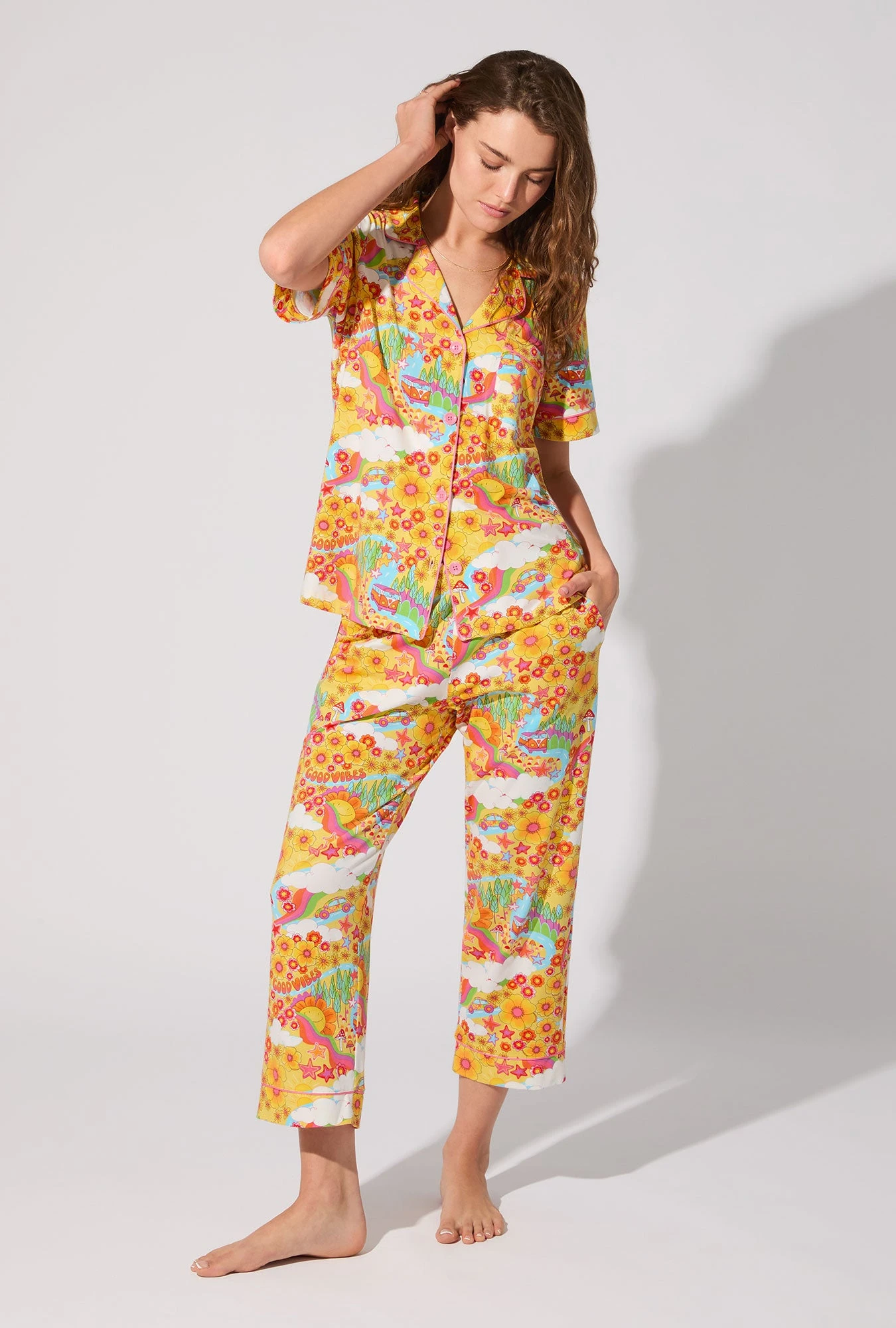 Good Vibes Short Sleeve Classic Stretch Jersey Cropped PJ Set 2 Good Vibes Short Sleeve Classic Stretch Jersey Cropped PJ Set - Image 2