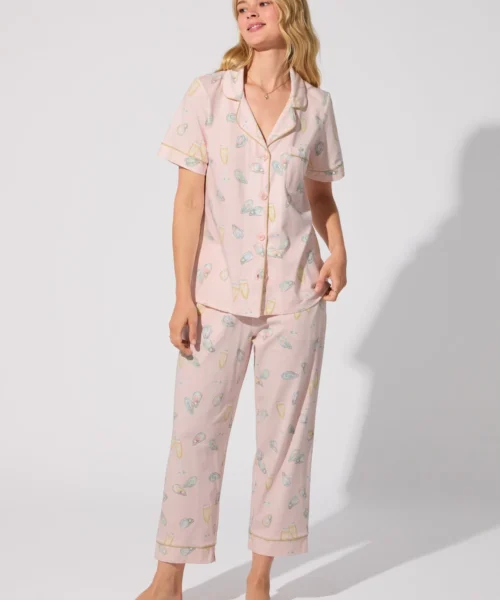 Oyster And Champagne Short Sleeve Classic Stretch Jersey Cropped PJ Set