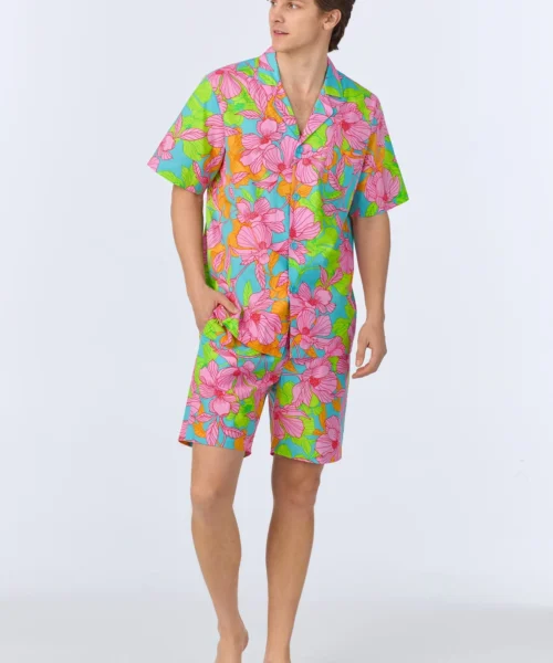 BedHead X Mr. Turk Linear Floral Men's Short Sleeve Notch Woven Cotton Poplin Boxer PJ Set