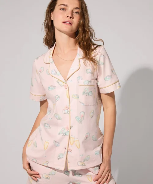Oyster And Champagne Short Sleeve Classic Shorty Stretch Jersey PJ Set