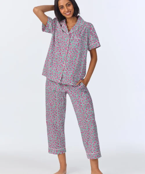 Petite Petunias Short Sleeve Classic Woven Cotton Poplin Cropped PJ Set
