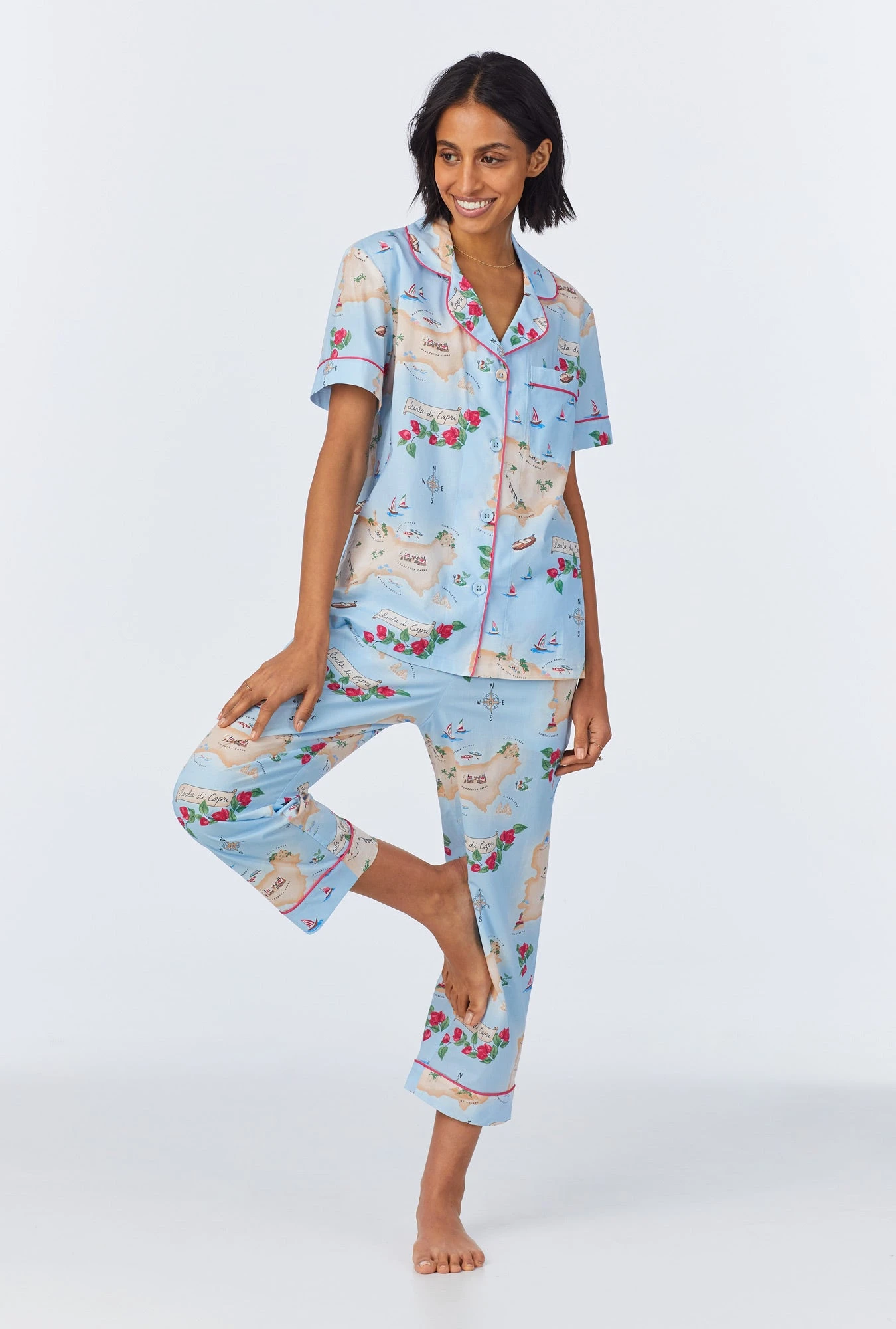 Ciao Capri Short Sleeve Classic Woven Cotton Poplin Cropped PJ Set 1 Ciao Capri Short Sleeve Classic Woven Cotton Poplin Cropped PJ Set