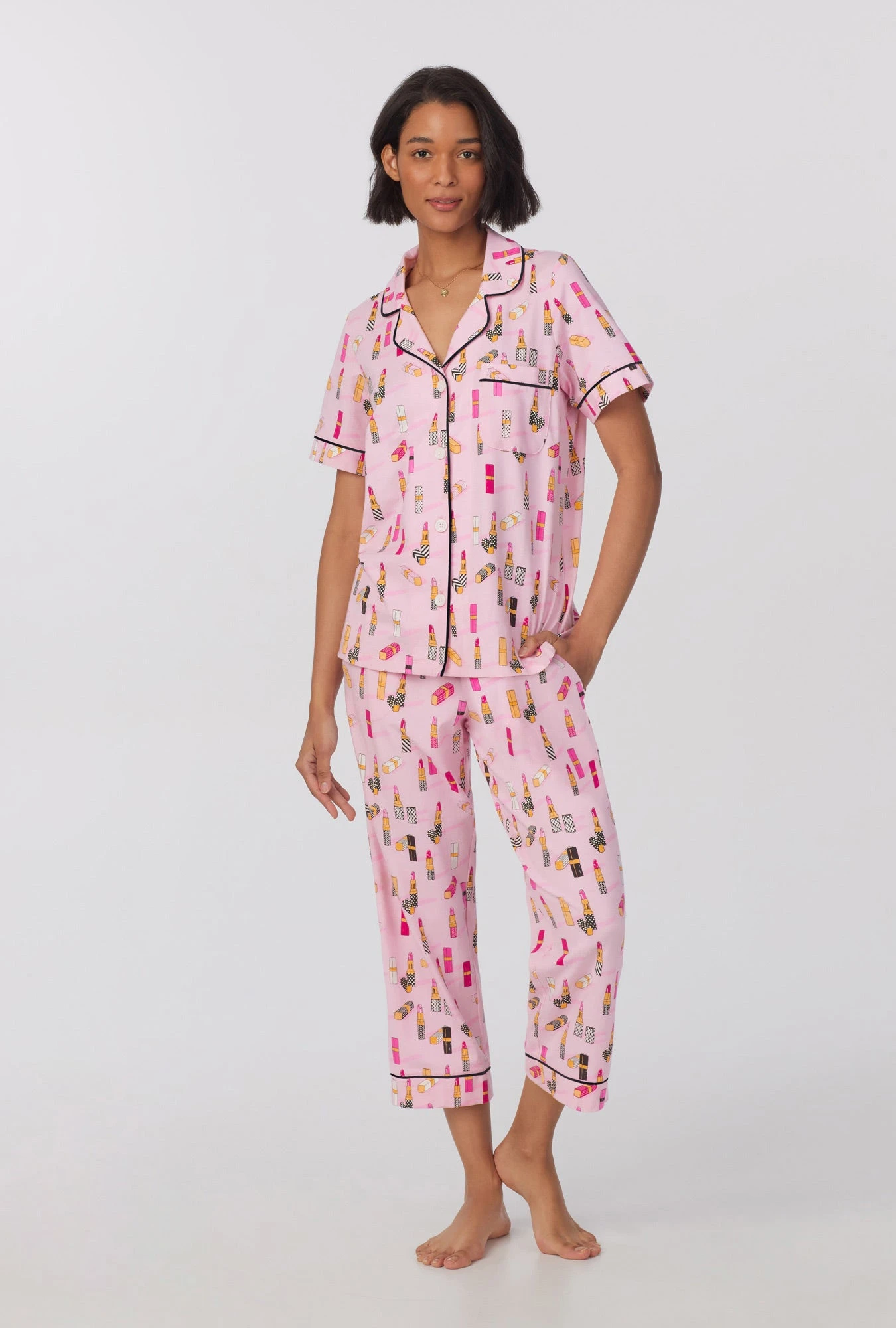 Pretty In Pink Short Sleeve Classic Stretch Jersey Cropped PJ Set 1 Pretty In Pink Short Sleeve Classic Stretch Jersey Cropped PJ Set