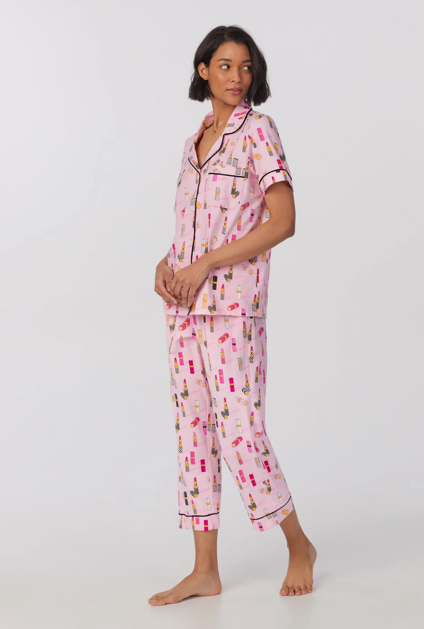 Pretty In Pink Short Sleeve Classic Stretch Jersey Cropped PJ Set 2 Pretty In Pink Short Sleeve Classic Stretch Jersey Cropped PJ Set - Image 2