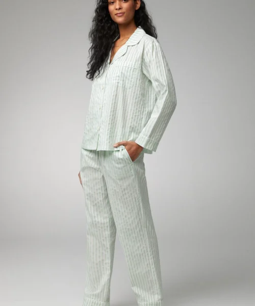 Mint 3D Stripe Long Sleeve Classic Woven Cotton Sateen PJ Set