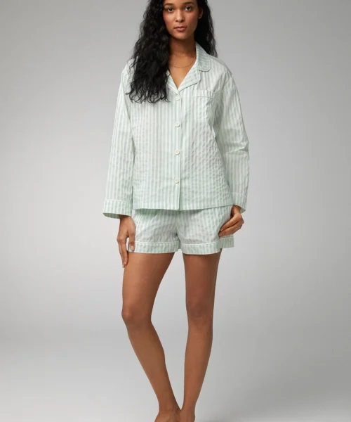 Mint 3D Stripe Long Sleeve Classic Woven Cotton Sateen Shorty PJ Set