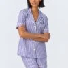 Navy 3D Stripe Short Sleeve Classic Woven Cotton Sateen Shorty PJ Set