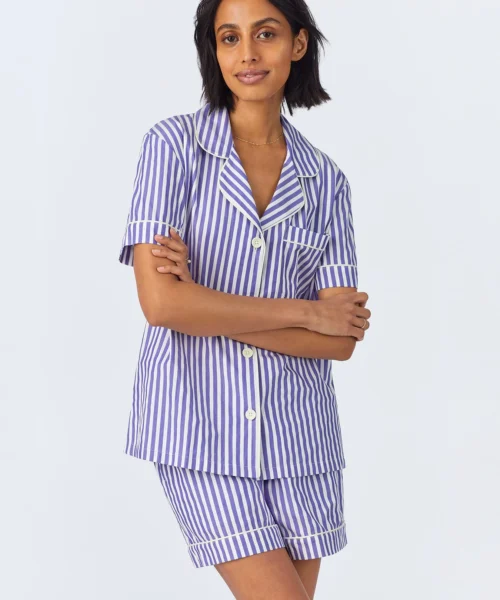 Navy 3D Stripe Short Sleeve Classic Woven Cotton Sateen Shorty PJ Set