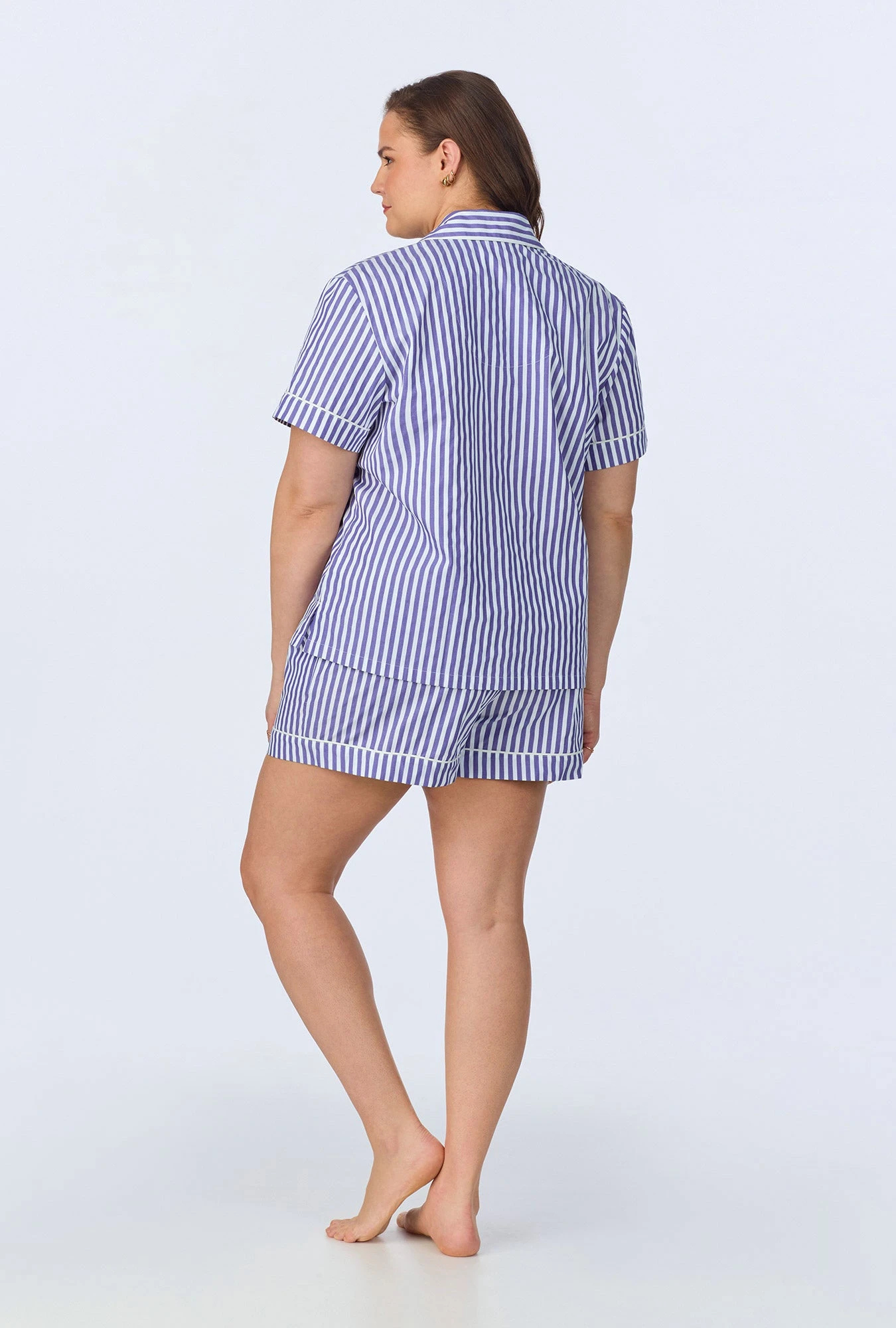 Navy 3D Stripe Short Sleeve Classic Woven Cotton Sateen Shorty PJ Set - Image 5