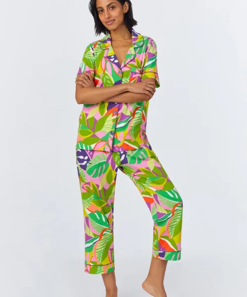 BedHead X Trina Turk Jungle Leaves Short Sleeve Classic Cropped Stretch Jersey PJ Set
