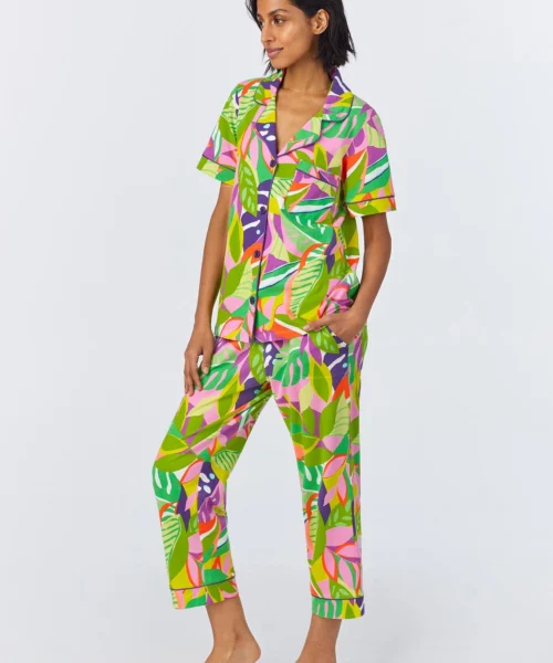 BedHead X Trina Turk Jungle Leaves Short Sleeve Classic Cropped Stretch Jersey PJ Set -Bedheadpjs Pajama Shop 40 BH270110 1267B JUNGLE LEAVES 044 2