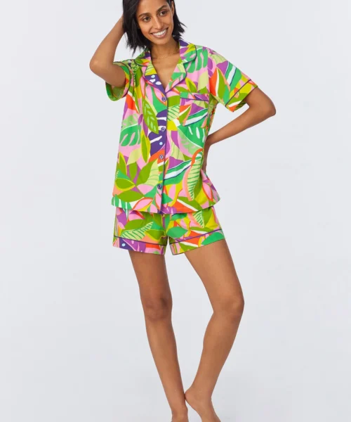 BedHead X Trina Turk Jungle Leaves Short Sleeve Classic Shorty Stretch Jersey PJ Set