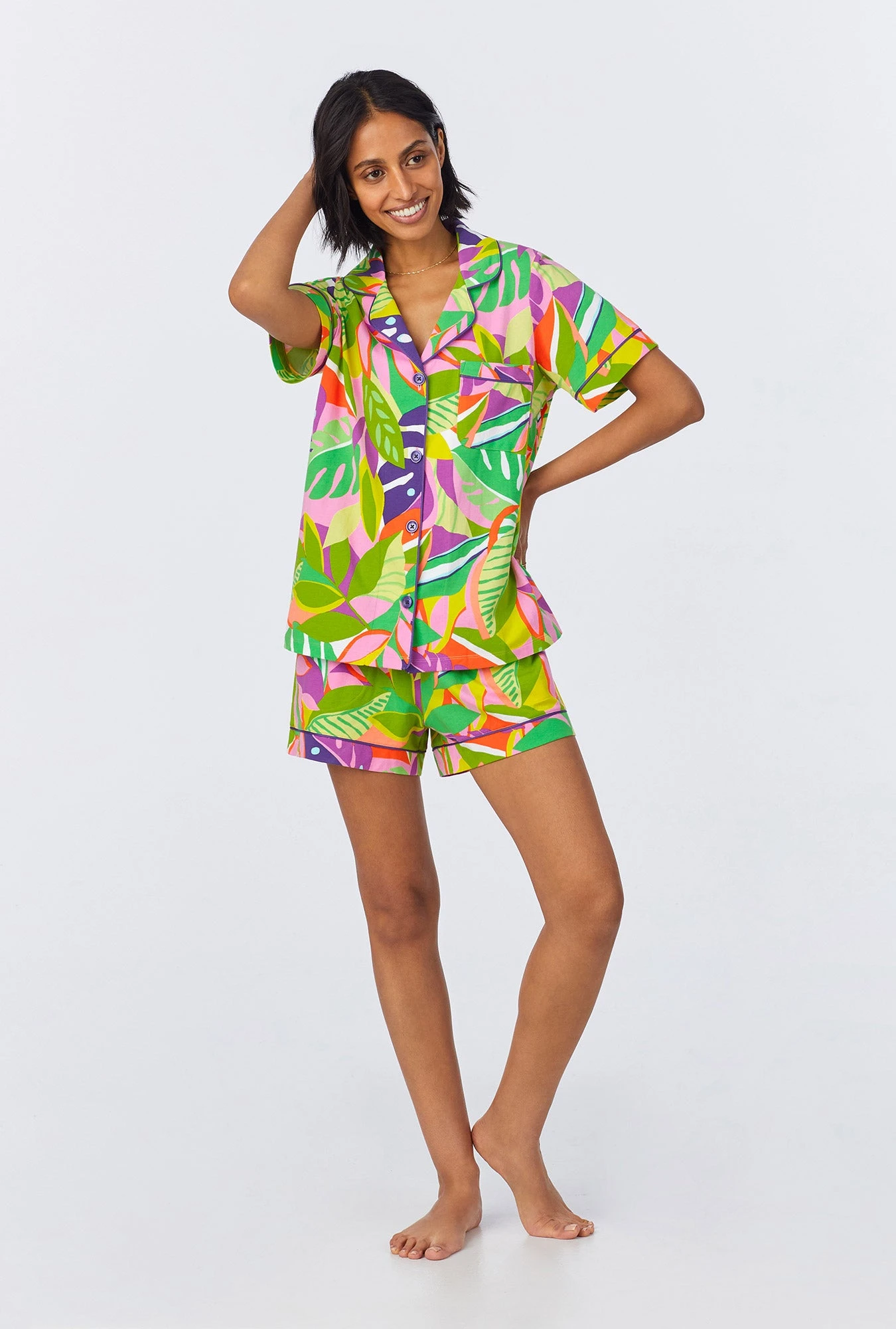 BedHead X Trina Turk Jungle Leaves Short Sleeve Classic Shorty Stretch Jersey PJ Set 1 BedHead X Trina Turk Jungle Leaves Short Sleeve Classic Shorty Stretch Jersey PJ Set