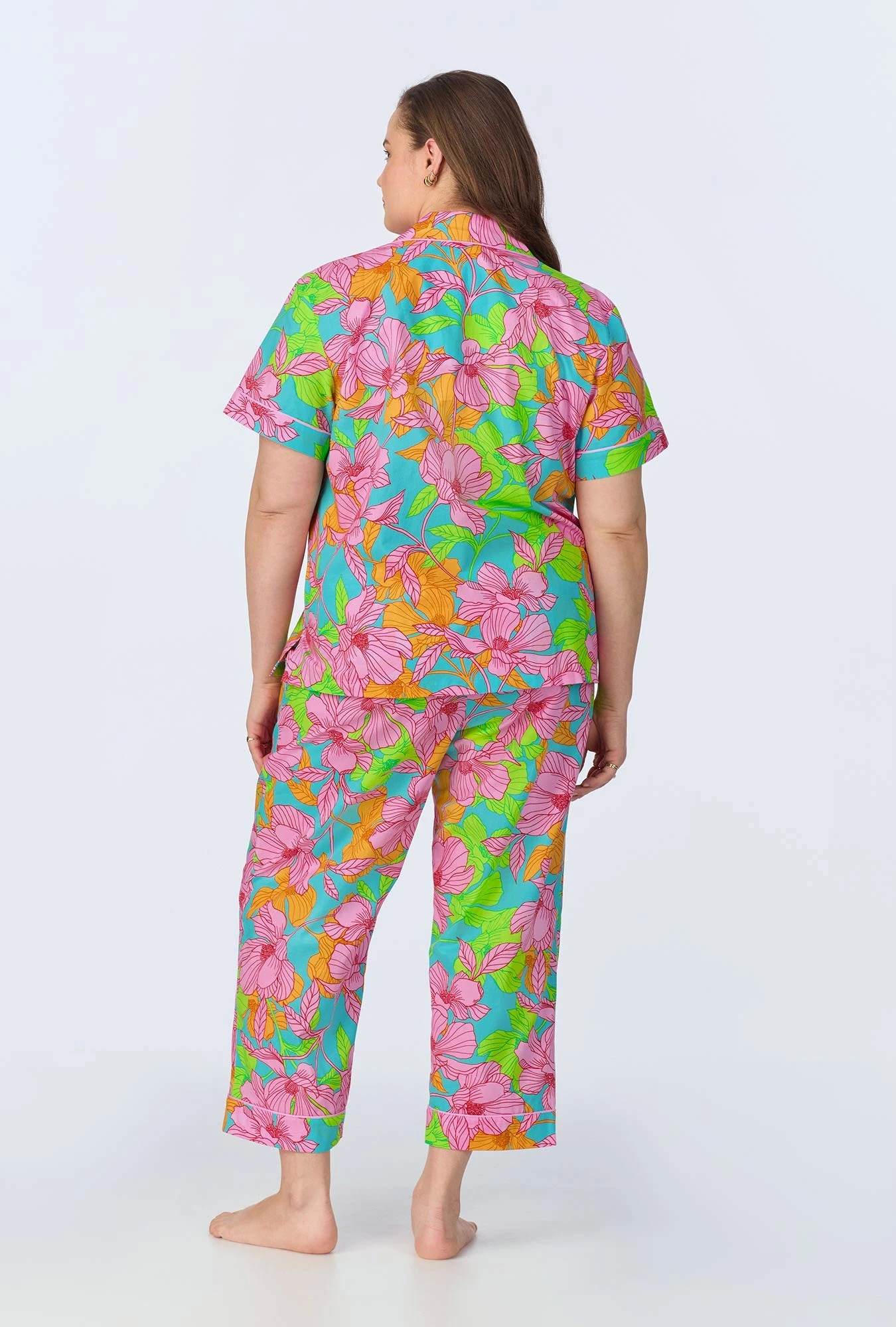 BedHead X Trina Turk Linear Floral Short Sleeve Classic Cropped Woven Cotton Poplin PJ Set - Image 5