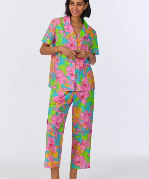 BedHead X Trina Turk Linear Floral Short Sleeve Classic Cropped Woven Cotton Poplin PJ Set