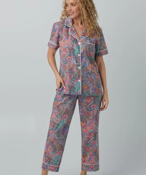 Dana Sharmin Short Sleeve Classic Woven Cotton Tana Lawn® Cropped PJ Set Made With Liberty Fabrics