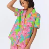 BedHead X Trina Turk Linear Floral Short Sleeve Classic Woven Cotton Poplin Shorty PJ Set