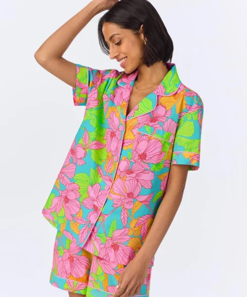 BedHead X Trina Turk Linear Floral Short Sleeve Classic Woven Cotton Poplin Shorty PJ Set