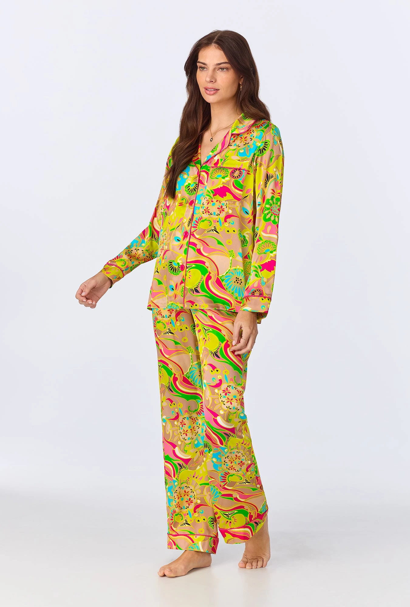 BedHead X Trina Turk Heritage Long Sleeve Classic Woven Washable Silk Satin PJ Set - Image 2