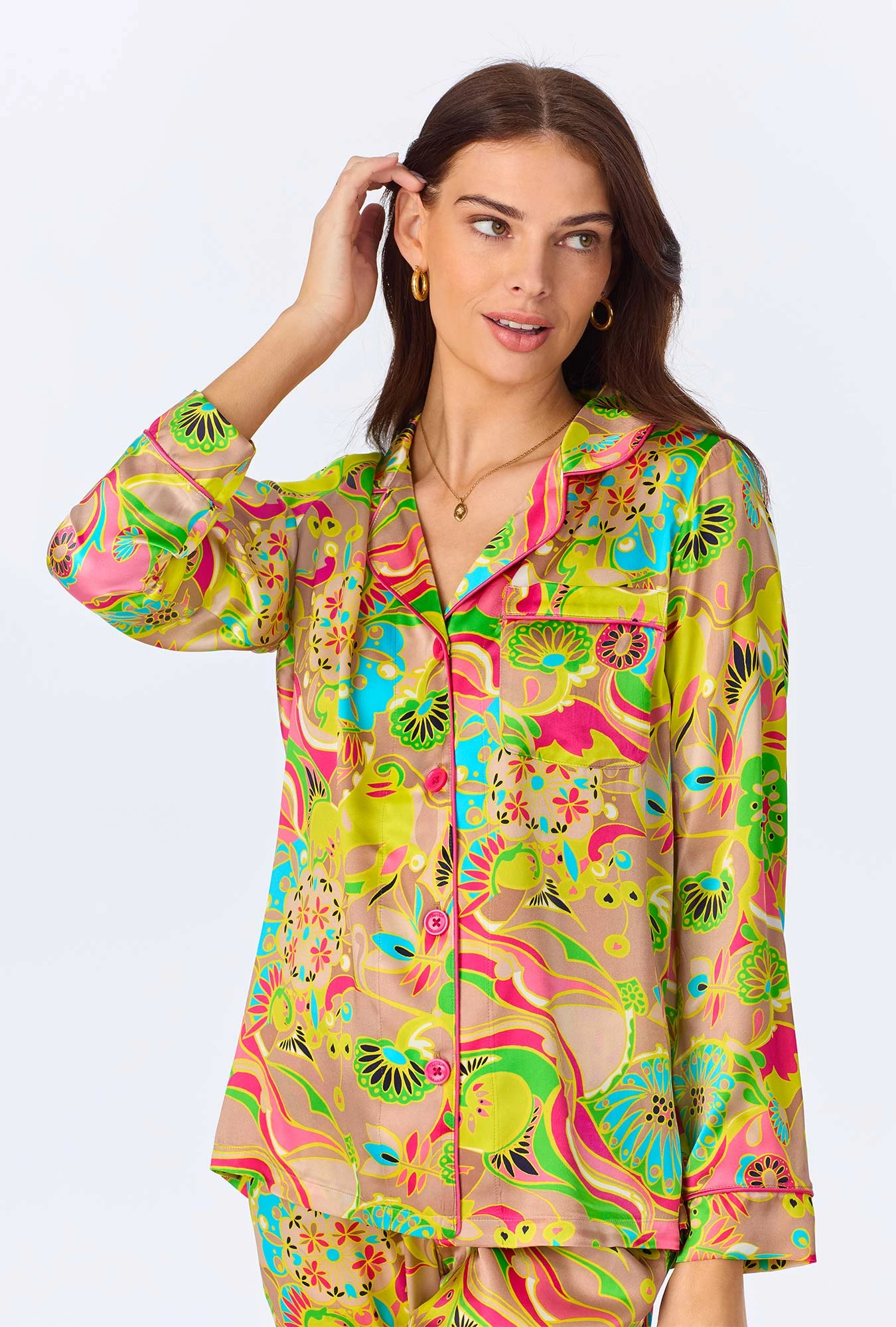 BedHead X Trina Turk Heritage Long Sleeve Classic Woven Washable Silk Satin PJ Set - Image 4