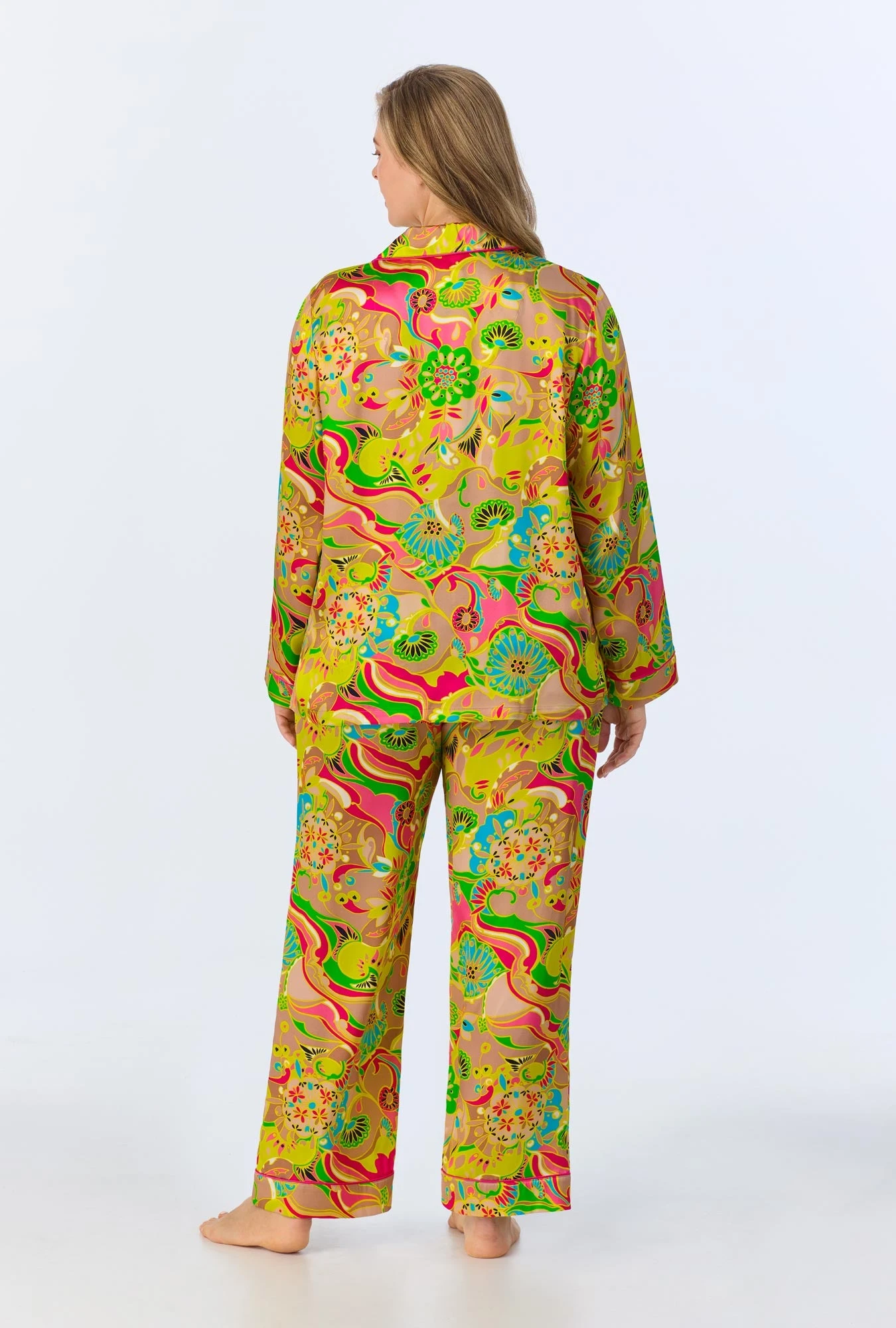 BedHead X Trina Turk Heritage Long Sleeve Classic Woven Washable Silk Satin PJ Set - Image 5