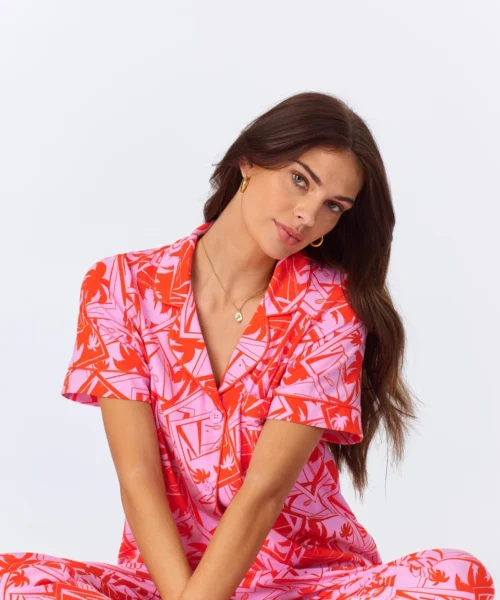 BedHead X Trina Turk Pink Tennis Court Short Sleeve Classic Stretch Jersey Cropped PJ Set