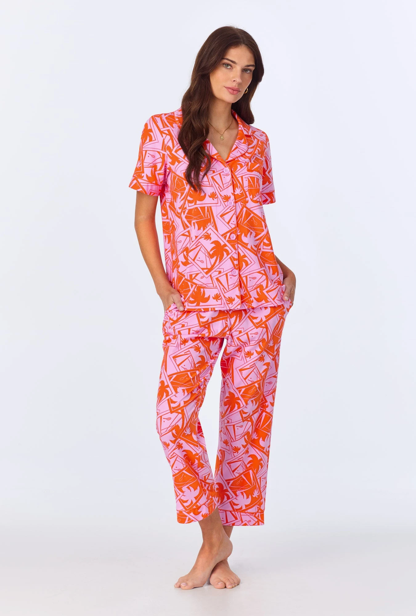 BedHead X Trina Turk Pink Tennis Court Short Sleeve Classic Stretch Jersey Cropped PJ Set 2 BedHead X Trina Turk Pink Tennis Court Short Sleeve Classic Stretch Jersey Cropped PJ Set - Image 2