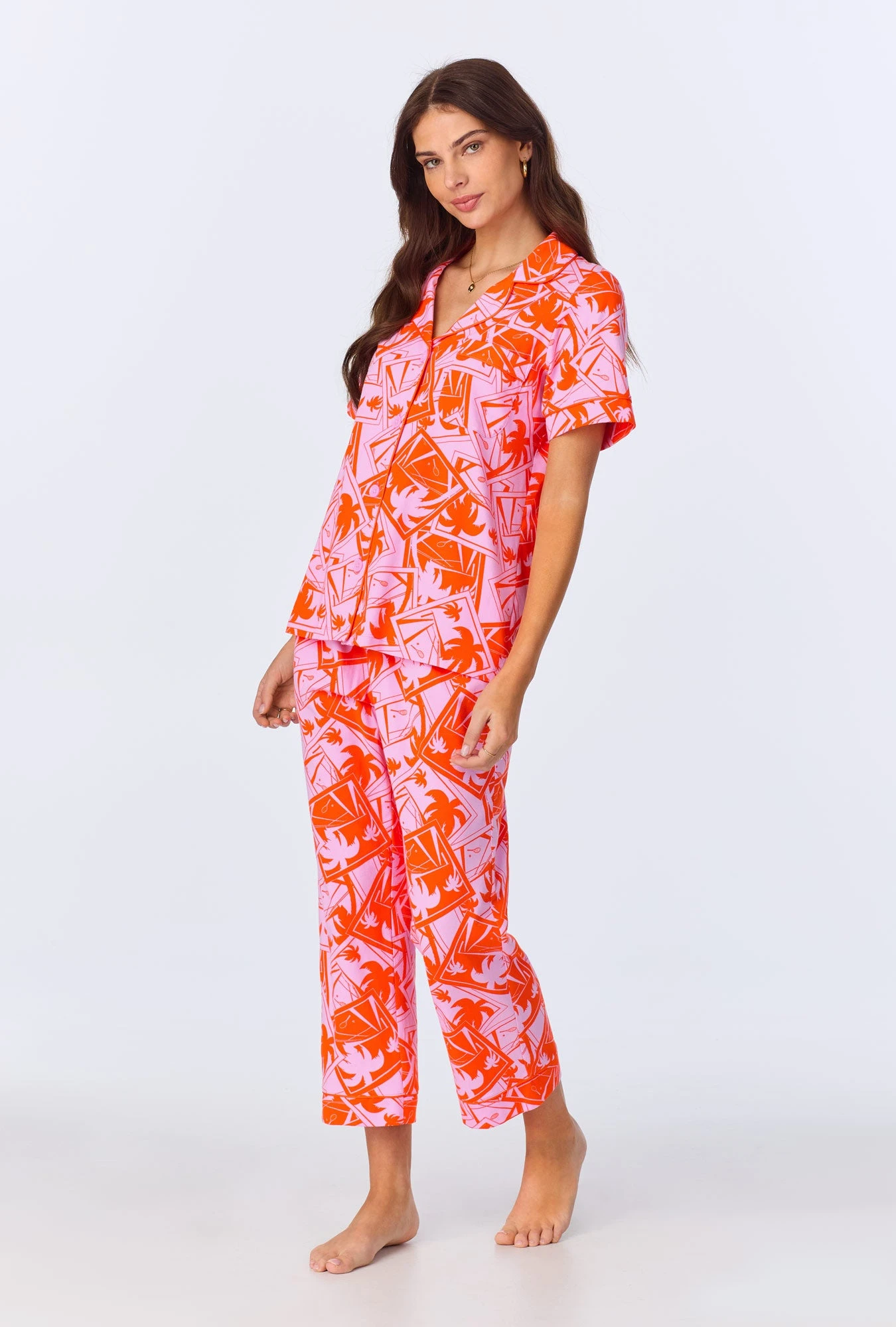 BedHead X Trina Turk Pink Tennis Court Short Sleeve Classic Stretch Jersey Cropped PJ Set 3 BedHead X Trina Turk Pink Tennis Court Short Sleeve Classic Stretch Jersey Cropped PJ Set - Image 3