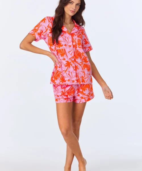 BedHead X Trina Turk Pink Tennis Court Sleeve Classic Shorty Stretch Jersey PJ Set