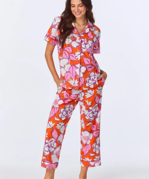 BedHead X Trina Turk Gardenia Short Sleeve Classic Woven Cotton Poplin Cropped PJ Set