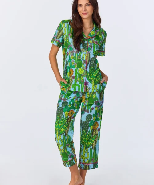 BedHead X Trina Turk Cactus Short Sleeve Classic Woven Cotton Poplin Cropped PJ Set