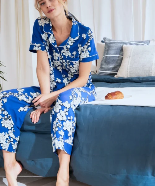 Navy Shadow Blossom Short Sleeve Cropped Stretch Jersey PJ Set