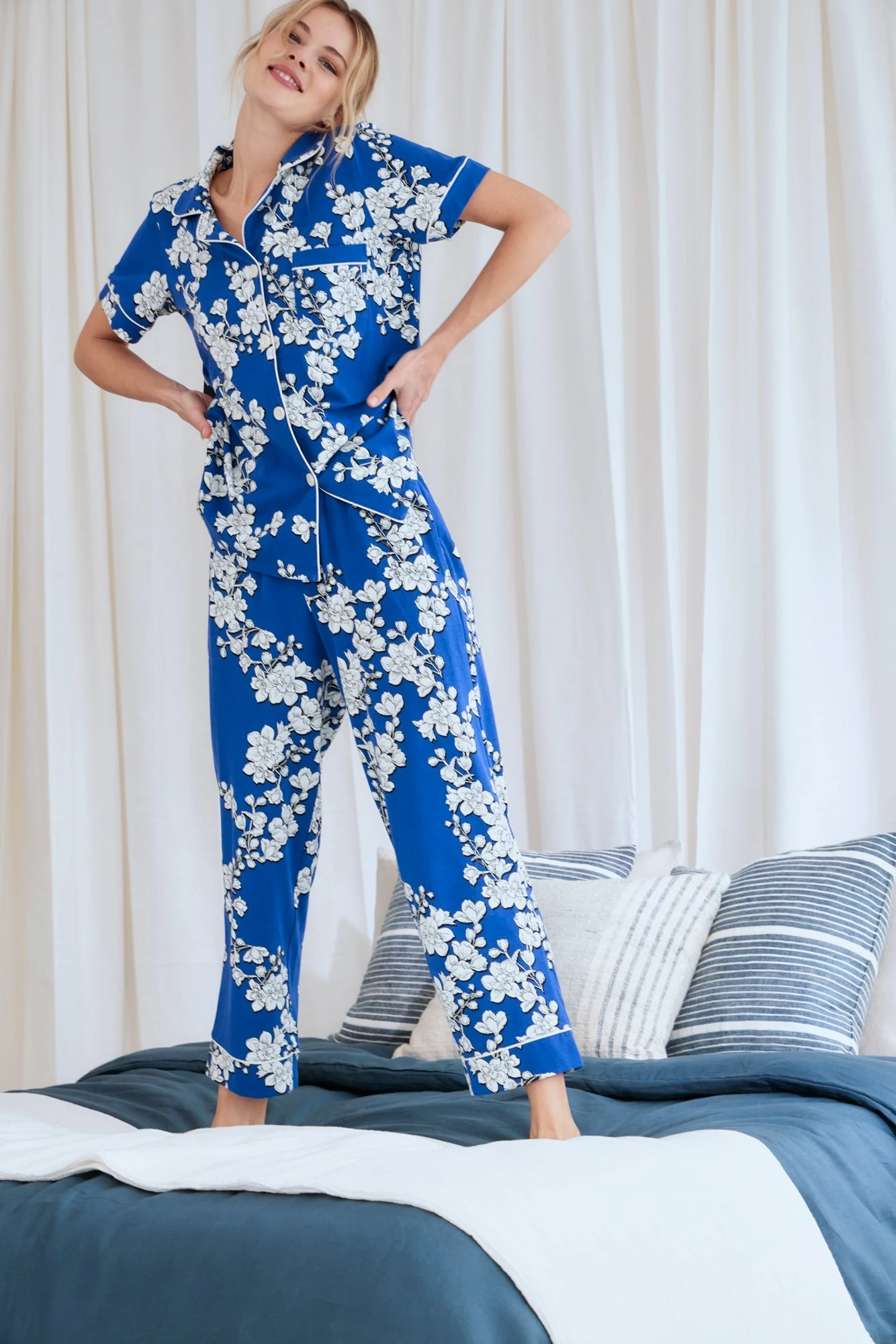 Navy Shadow Blossom Short Sleeve Cropped Stretch Jersey PJ Set 2 Navy Shadow Blossom Short Sleeve Cropped Stretch Jersey PJ Set - Image 2