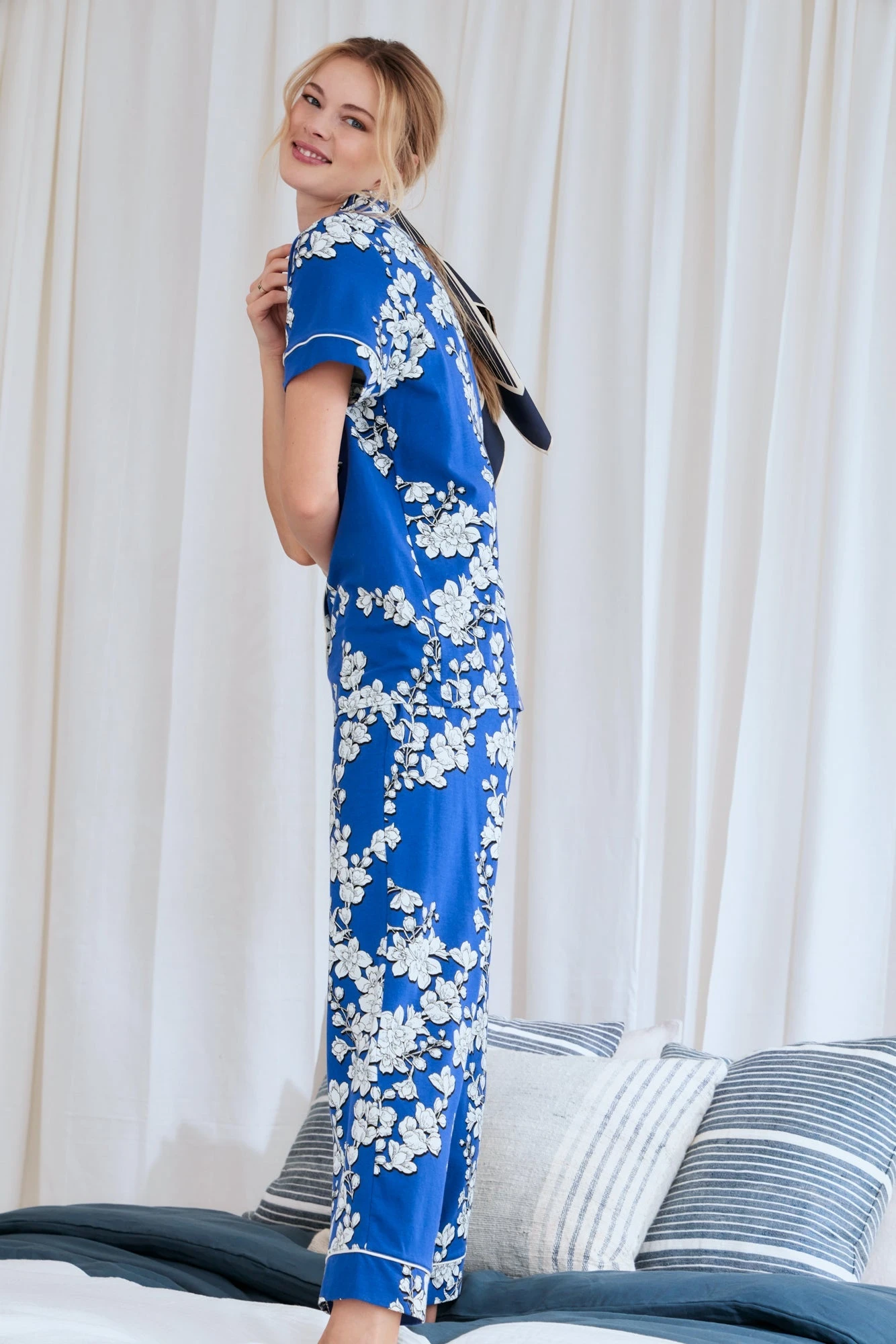 Navy Shadow Blossom Short Sleeve Cropped Stretch Jersey PJ Set 3 Navy Shadow Blossom Short Sleeve Cropped Stretch Jersey PJ Set - Image 3