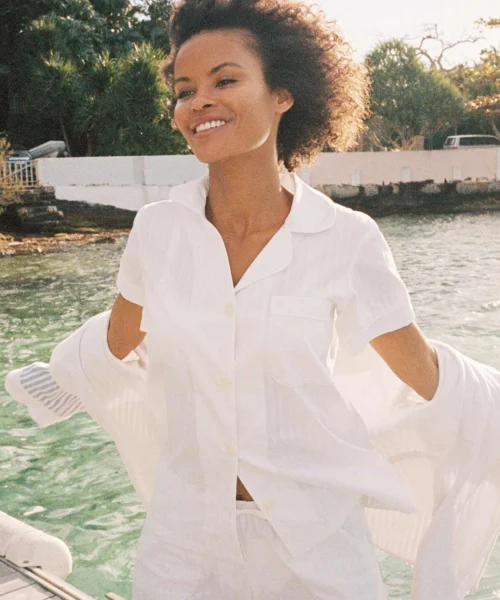 White 3D Stripe Short Sleeve Classic Shorty Woven Cotton Sateen PJ Set