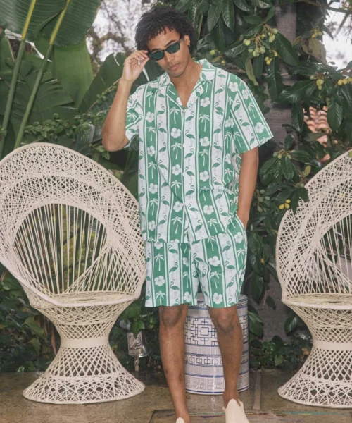 Aloha Stripe Men's Short Sleeve Notch Woven Cotton Poplin Boxer PJ Set