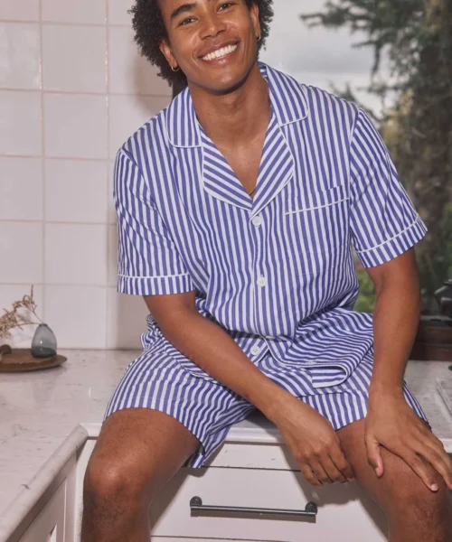 Navy 3D Stripe Men's Short Sleeve Notch Woven Cotton Sateen Boxer PJ Set