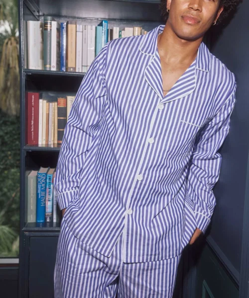 Navy 3D Stripe Men's Long Sleeve Notch Woven Cotton Sateen Long PJ Set