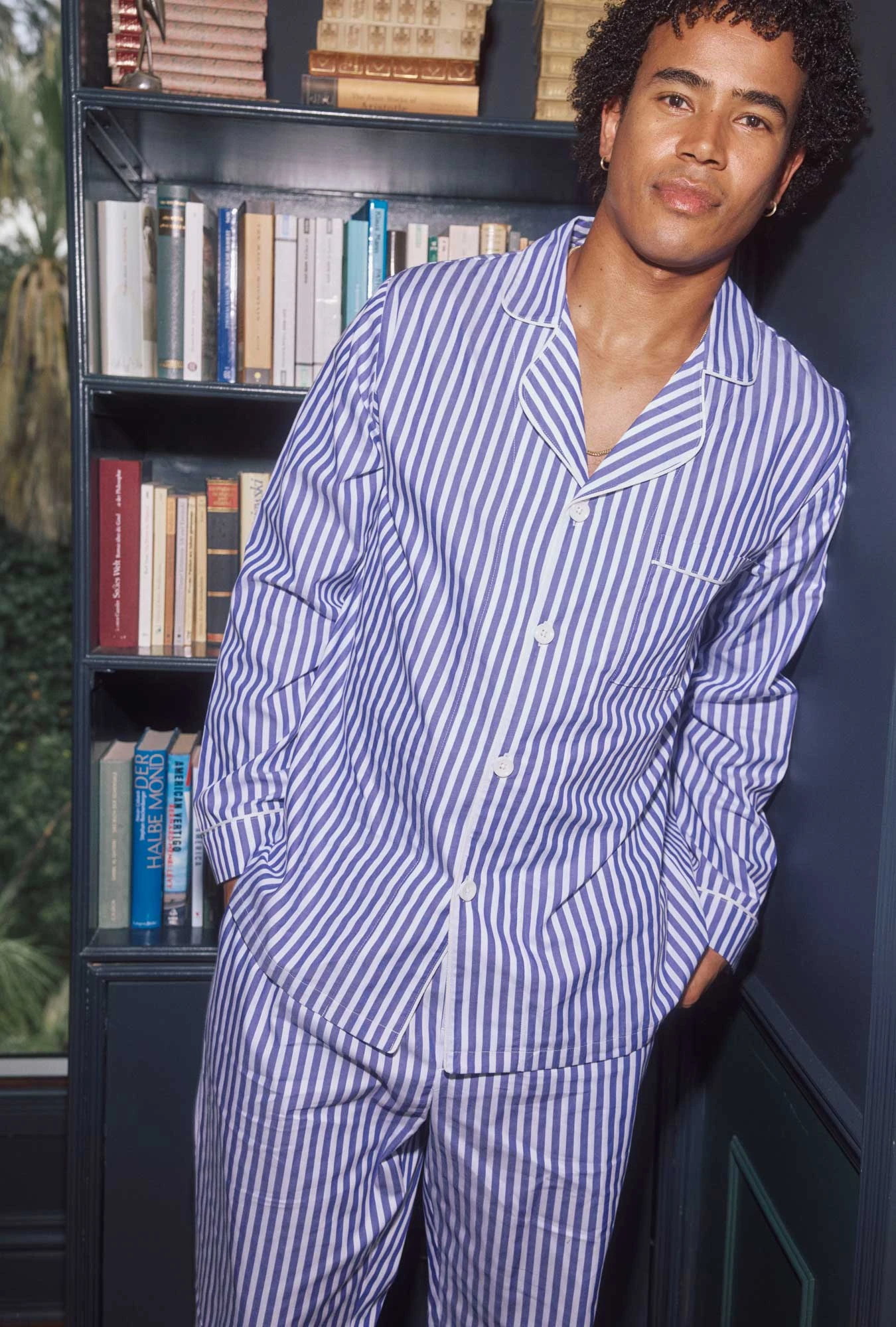 Navy 3D Stripe Men's Long Sleeve Notch Woven Cotton Sateen Long PJ Set 1 Navy 3D Stripe Men's Long Sleeve Notch Woven Cotton Sateen Long PJ Set